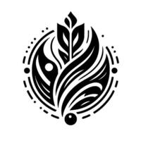 Stylized black and white botanical emblem, composed of flowing leaf and floral elements, encircled by decorative dots and lines, on a white backdrop. vector