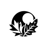 Stylized Monochrome A Circle Encircling Two Leaves with a Full Moon, Exuding Simplicity. vector