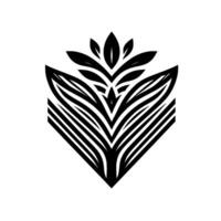 Geometric Black and White Floral Emblem A symmetrical, stylized illustration of a floral with layered leaves and linear details, in a crisp, minimalist composition. vector