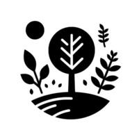 A minimalist black and white illustration depicts a stylized tree and accompanying foliage within a circular landscape under a simple sun. vector