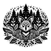 Intricate black and white folk art featuring a stylized fox face, forest trees, leaves, and stars within a circular composition. vector