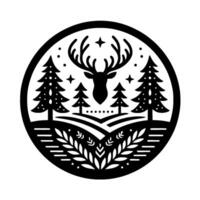 Black and White Circular Forest Scene Featuring Deer Silhouette, Evergreen Trees, Stars, and Minimalist Floral Elements. vector