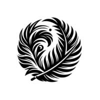 Intricate monochrome illustration of a stylized circular feather arrangement evoking a sense of elegance, balance, and artistic abstraction, evoking calm. vector