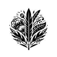 Intricate Black and White Floral Arrangement with Feather, Leaves, and Decorative Elements, Circular . vector