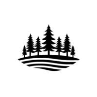 Minimalist Black and White Illustration of a Forest with Pine Trees on a Wavy Hill, Suitable for Logos. vector