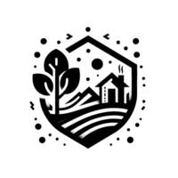 A black and white shieldshaped illustration featuring a tree, farmhouse, and fields within a decorative frame, suggesting rural peace and tranquility. vector