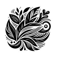 Intricate Black and White Floral Circular Composition with Leaves, Lines, and a Central Eyelike Element on a White Backdrop. vector