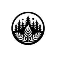 Stylized Black and White Circular Forest Scene Evergreen Trees, Foliage, and Two Celestial Spheres. vector
