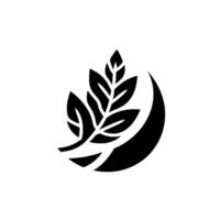 Bold black leaf illustration nestled within a stylized crescent moon on clean white backdrop, evoking simplicity and nature. vector