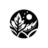 A stylized, circular black and white featuring a large leaf and branch silhouette against a night sky background with stars and a full moon. vector
