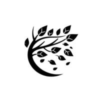 Stylized black and white tree illustration with a curved trunk, leaves of various sizes, and a minimalist on a clean white background. vector
