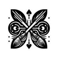 Symmetrical Black and White Ornamental Featuring Crossed Swords, Card Suits, and Decorative Elements. vector