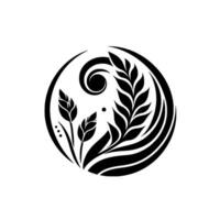Monochromatic, circular nature featuring stylized leaves and a swirling element within a bold black and white composition. vector