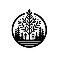 A stylized black and white nature emblem featuring a central leafy tree surrounded by pine trees, contained within a circular frame with a minimalist aesthetic. vector