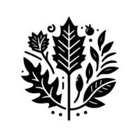 Stylized Black and White Floral A Circular Composition of Various Leaves, Berries, and Decorative Elements on a White Background. vector