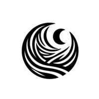 Abstract black and white circular , resembling waves and a crescent moon, minimalist art style on a white background. vector