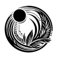 Circular Black and White Floral with Sun Element and Leaf Motif, Abstract Art, Nature Inspired. vector