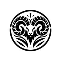 Bold, symmetrical black and white emblem featuring a stylized rams head within a circle, showcasing intricate curved horns and minimalist elements. vector