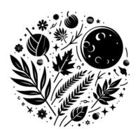 A circular black and white illustration of a celestial and botanical arrangement, featuring a moon, foliage, and autumnal elements. vector