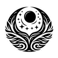 Intricate black and white celestial tattoostyle featuring a stylized full moon encircled by crescent moons, stars, and foliate motifs, forming a circular emblem. vector
