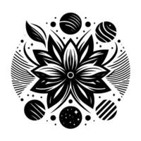 Black and white floral mandala , stylized with planets, stars, and leaf elements, creating a celestial and symmetrical composition. vector