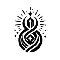 A symmetrical, stylized black and white emblem featuring interwoven curves, a central geometric shape, starburst elements, and a central star. vector