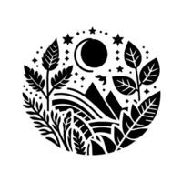 Circular black and white illustration of a stylized night scene featuring mountains, crescent moon, stars, vegetation, and a flying bird. vector