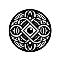 Symmetrical Black and White Circular Ornament with Geometric Eye Focal Point and Ornamental Foliage, Decorative . vector