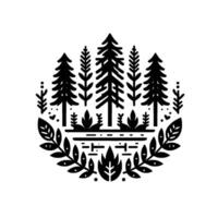 Stylized Monochrome Forest Scene within a Circle, Featuring Trees, Leaves, and Minimalist Nature Art. vector