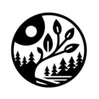 YinYang inspired, bold, black and white nature illustration featuring a tree, forest, sun, and simple foliage in a circular . vector