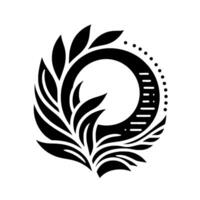 Elegant Black and White Floral Crest with Circular Element, Leafy Frame, and Geometric Accents. vector