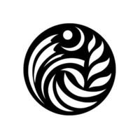 Abstract Black and White Circle Featuring Swirling Lines, Crescent Moon, Sun, and LeafLike Elements. vector