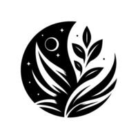 Black and white minimalist with a moon and starfilled night sky blending with a sprouting plant. vector