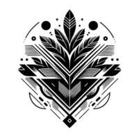 Intricate Black and White Geometric Botanical A symmetrical composition featuring stylized leaves, lines, shapes, and abstract elements. vector