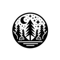 Nighttime forest scene in a circular black and white minimalist illustration, featuring trees, moon, stars, and animals. vector