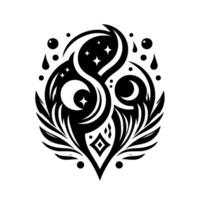 Abstract symmetrical artwork featuring celestial elements, stylized wings, curves, and geometric shapes rendered in bold black and white contrast. vector