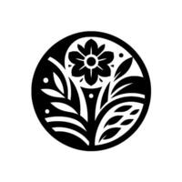 Monochromatic Floral Mandala A symmetrical black and white illustration of a stylized flower, leaves, and dot accents within a circular frame. vector