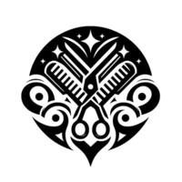Intricate monochrome barbershop featuring crossed barber shears, comb, and ornamental elements within a circular frame. vector