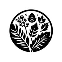 Intricate Black White Nature Circular Composition with Diverse Leaves, Berries, and Floral Elements, Minimalist vector