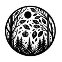 Black and White Circular Autumn Forest Scene Featuring Trees, Leaves, Pumpkin, Sun, and Fir Trees. vector
