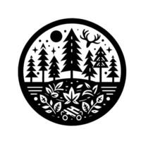 Black and White Circular of a Forest Scene with Trees, Deer Antlers, Leaves, Stars, and Binoculars. vector