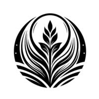 Symmetrical Black and White Floral Emblem Central Leaf Cluster Within an Abstract, Curved, Circular Frame. vector