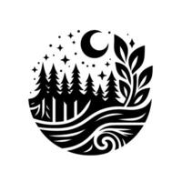 Stylized Black and White Circular Featuring a Forest, Crescent Moon, Stars, and Foliage, Evoking a Sense of Serenity. vector