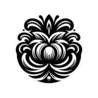 Symmetrical, stylized black and white floral with ornate scrollwork, central flower motif, and minimalist background. vector