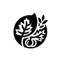 Black and White Circular Illustration featuring Stylized Leaves, Berries, and Wheat within a Black Oval on a White Background. vector