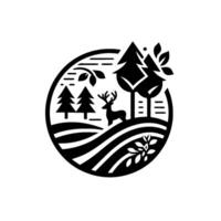 Minimalist black and white nature illustration a deer in a forest surrounded by trees and foliage within a circular frame. vector
