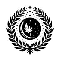 Black and white circular emblem cannabis leaf in crescent moon, starry night, laurel wreath. vector