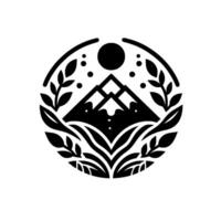 Stylized monochrome circular featuring a geometric mountain range under a black sun, framed by symmetrical leafy branches and dots. vector
