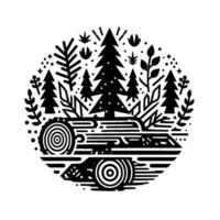 Black and white stylized illustration of a log truck surrounded by trees and foliage, circular composition. vector