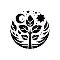 Black and White Circular Emblem Depicting a Tree Surrounded by Crescent Moon, Stars, and Leafy Accents, Symbolic and Elegant . vector